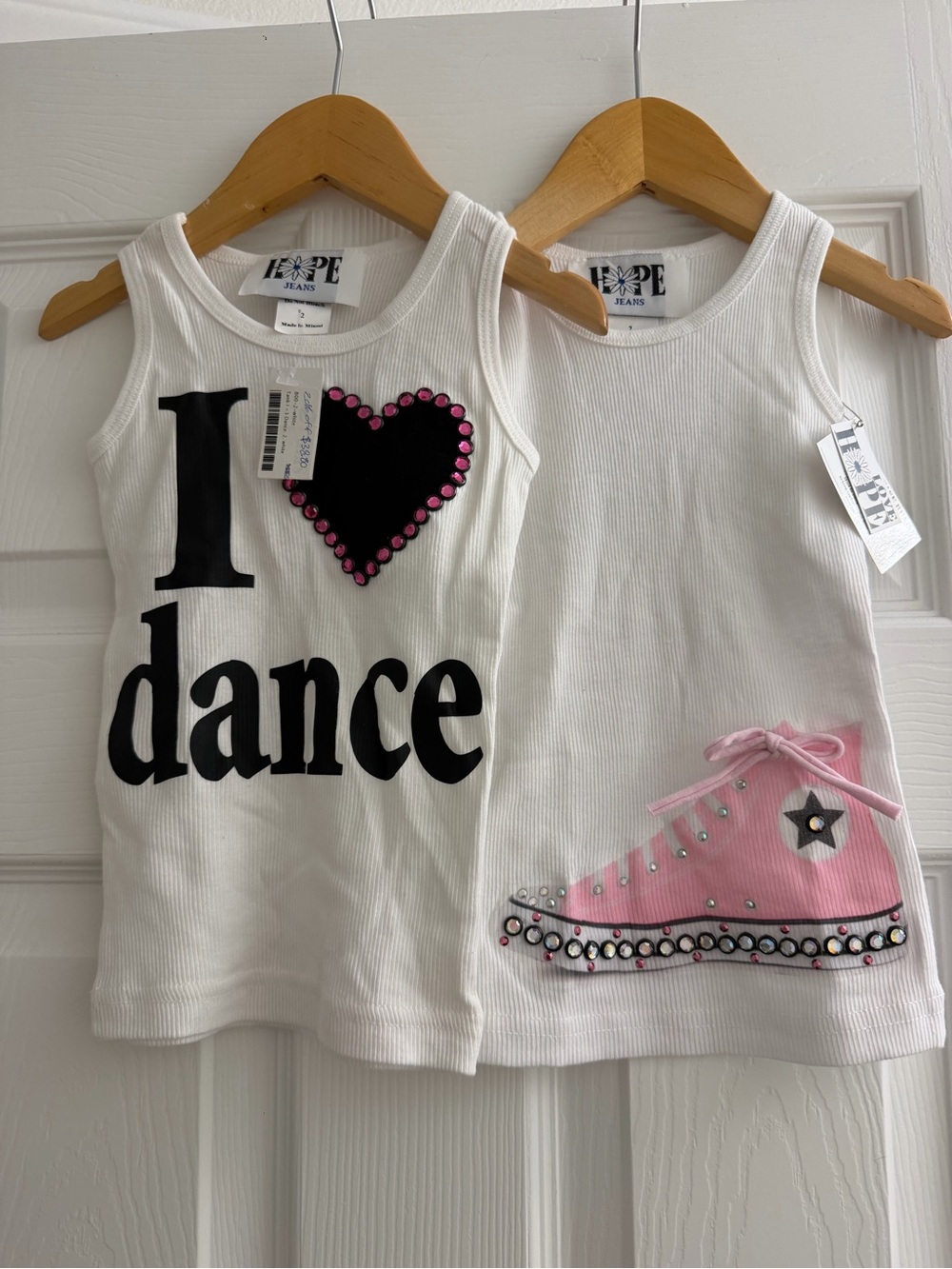 NWT 2x Hope Jeans Tanks Size 2 White I Love Dance Sneaker Rhinestone